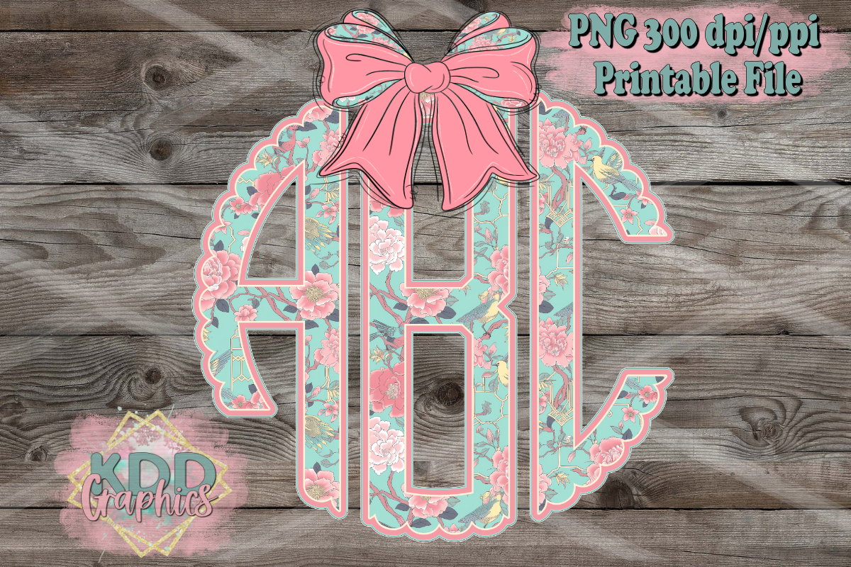 Teal Pink Roses Floral Circle Scalloped Monogram Coquette Bow Bundle